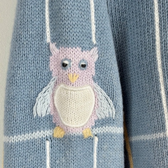 VTG 90s Granny Sweater L Embroidered Owl Hand Knit Windowpane Cottage Blue Twee - Picture 3 of 10